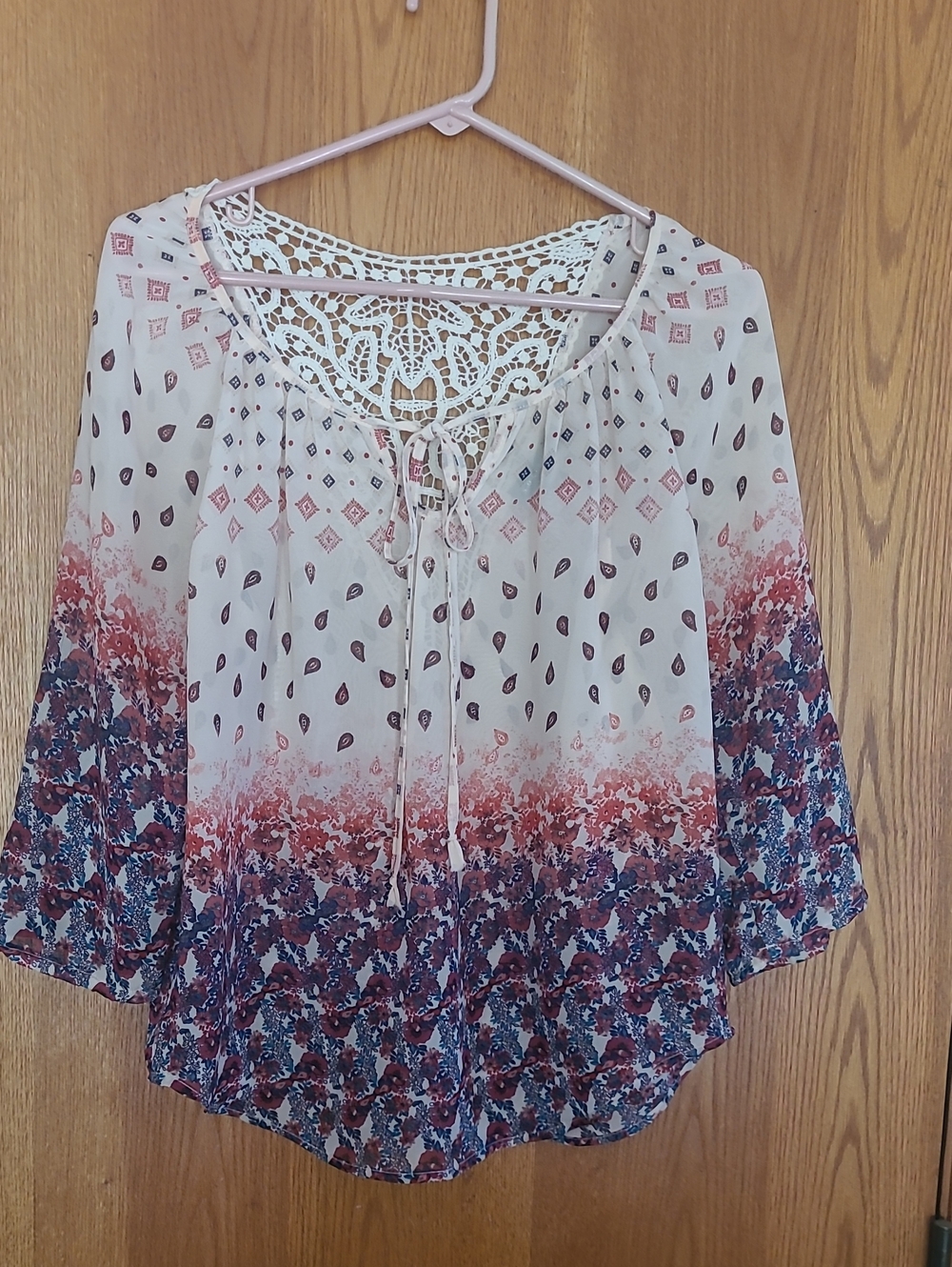 Socialite Cream Blouse with Red & Blue Floral Ombre and Lace Yoke